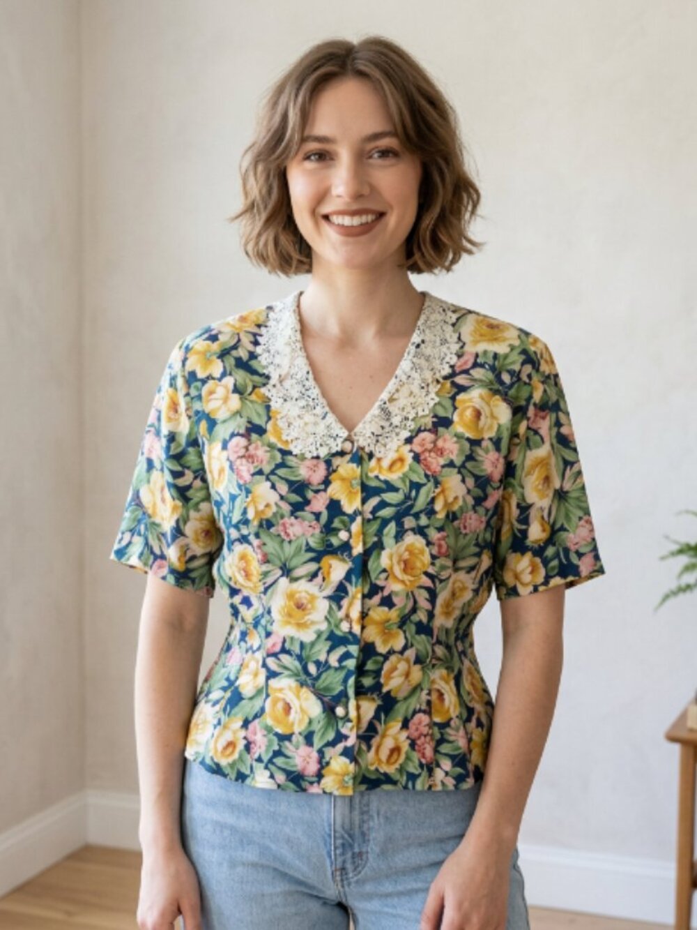 Vtg 80s Sara Michelle floral lace collar pearl button cottagecore blouse